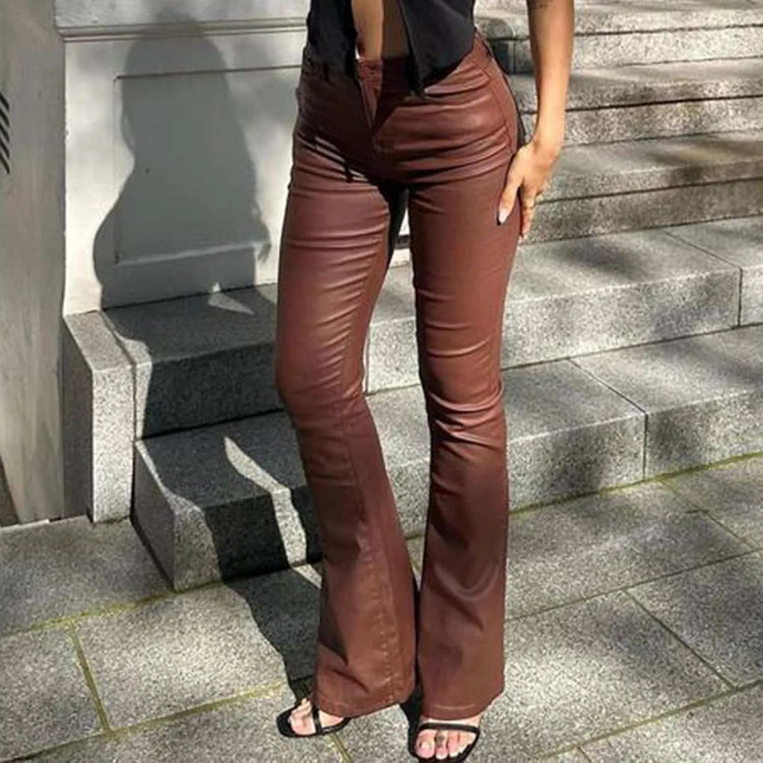 Yoawdats Women's Faux Leather Pants PU High Waist Flare Long Pants Tummy Control Bootcut Bell Bottom Trousers with Pockets