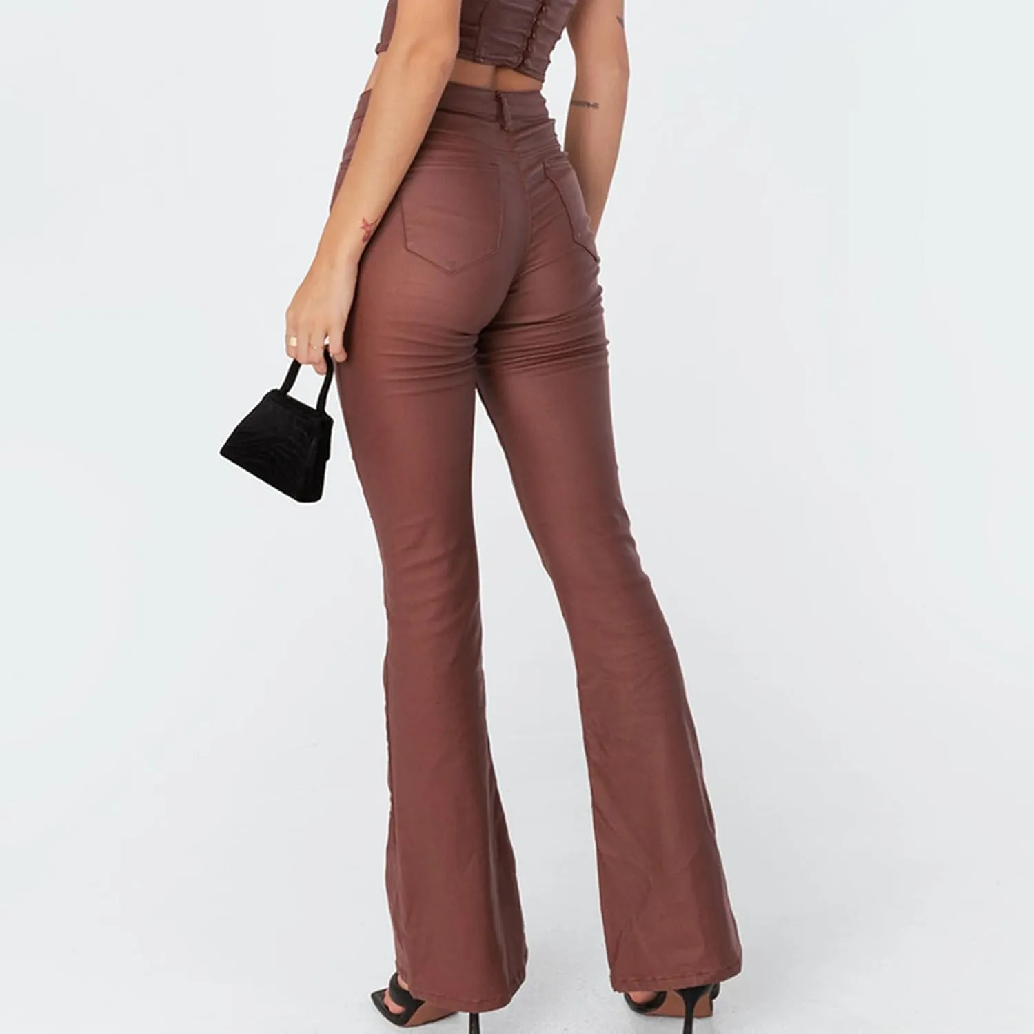 Yoawdats Women's Faux Leather Pants PU High Waist Flare Long Pants Tummy Control Bootcut Bell Bottom Trousers with Pockets