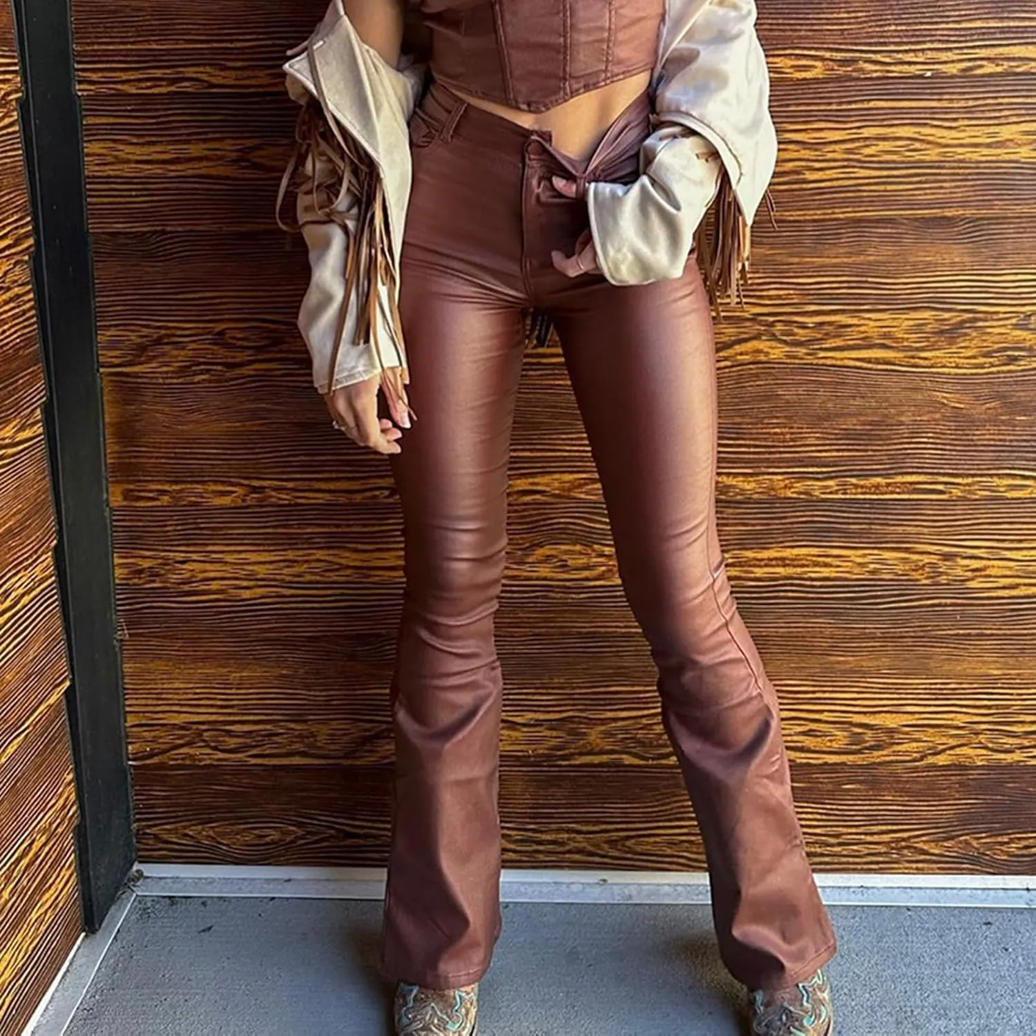 Yoawdats Women's Faux Leather Pants PU High Waist Flare Long Pants Tummy Control Bootcut Bell Bottom Trousers with Pockets