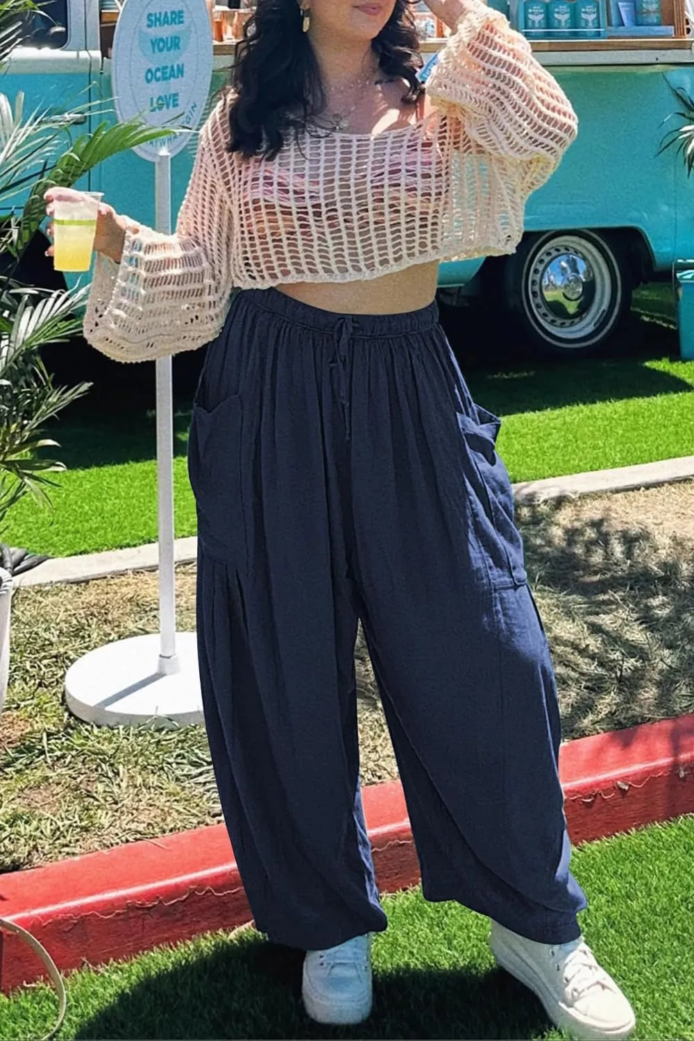 YOCUR Women Summer Beach Vacation Pants High Waisted Wide Leg Pants Printed Loose Flowy Casual Palazzo Lounge Trousers