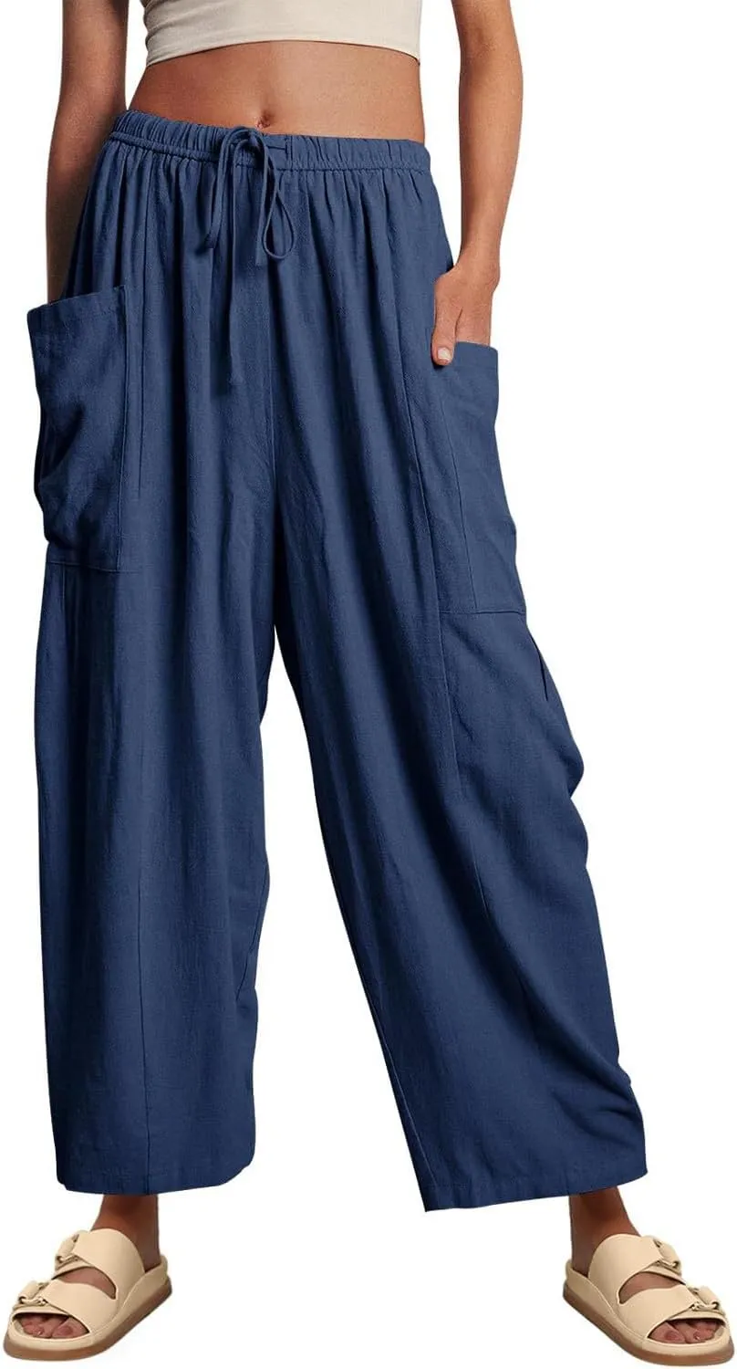 YOCUR Women Summer Beach Vacation Pants High Waisted Wide Leg Pants Printed Loose Flowy Casual Palazzo Lounge Trousers