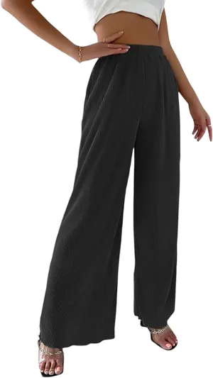 yoeasy Women's Summer Pleated High Elastic Waist Long Pants Fashion Casual Trousers with Pockets