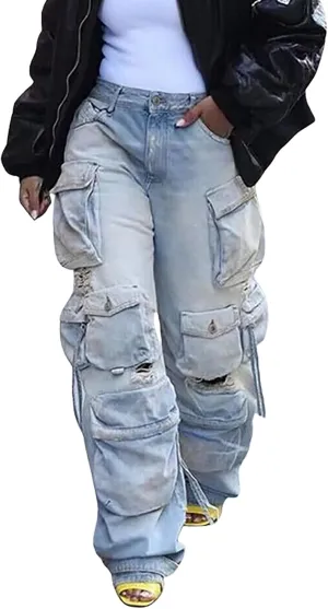 YOOTIKO Womens Baggy Jeans Cargo Pants Y2K High Waisted Distressed Street Denim Wide Leg Trousers with Pockets
