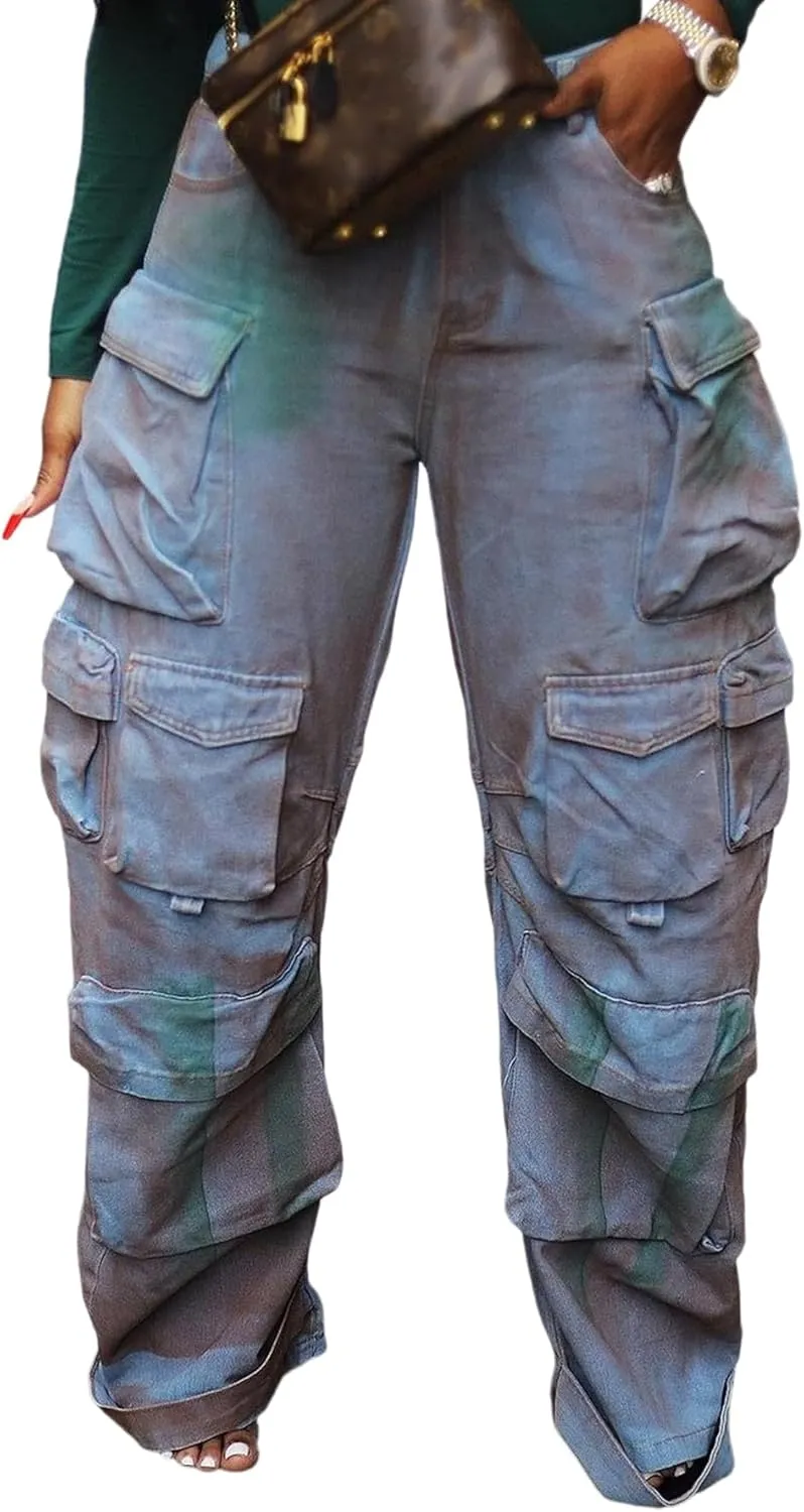 YOOTIKO Womens Baggy Jeans Cargo Pants Y2K High Waisted Distressed Street Denim Wide Leg Trousers with Pockets