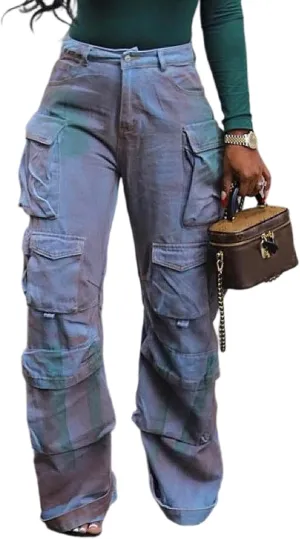 YOOTIKO Womens Baggy Jeans Cargo Pants Y2K High Waisted Distressed Street Denim Wide Leg Trousers with Pockets
