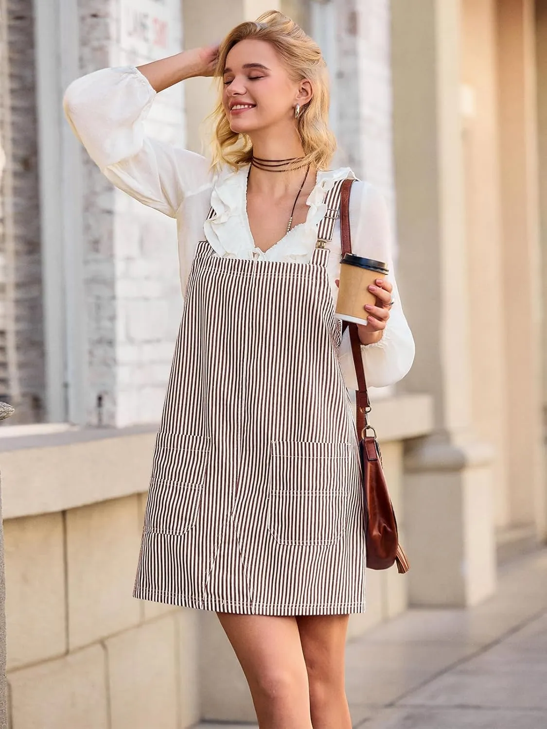 Yousify Womens Casual Denim Dress Summer Striped Overalls Romper Adjustable Straps Sleeveless Jean Dresses with Pockets