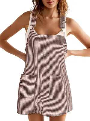 Yousify Womens Casual Denim Dress Summer Striped Overalls Romper Adjustable Straps Sleeveless Jean Dresses with Pockets