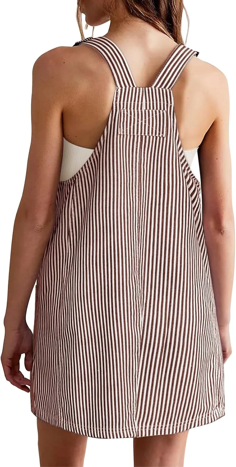 Yousify Womens Casual Denim Dress Summer Striped Overalls Romper Adjustable Straps Sleeveless Jean Dresses with Pockets