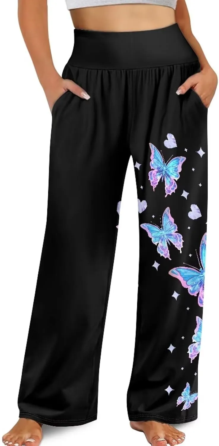 Yuuxorilu Womens Wide Leg Palazzo Pants Casual High Waist Flowy Trousers Loose Lounge Pant with Pockets