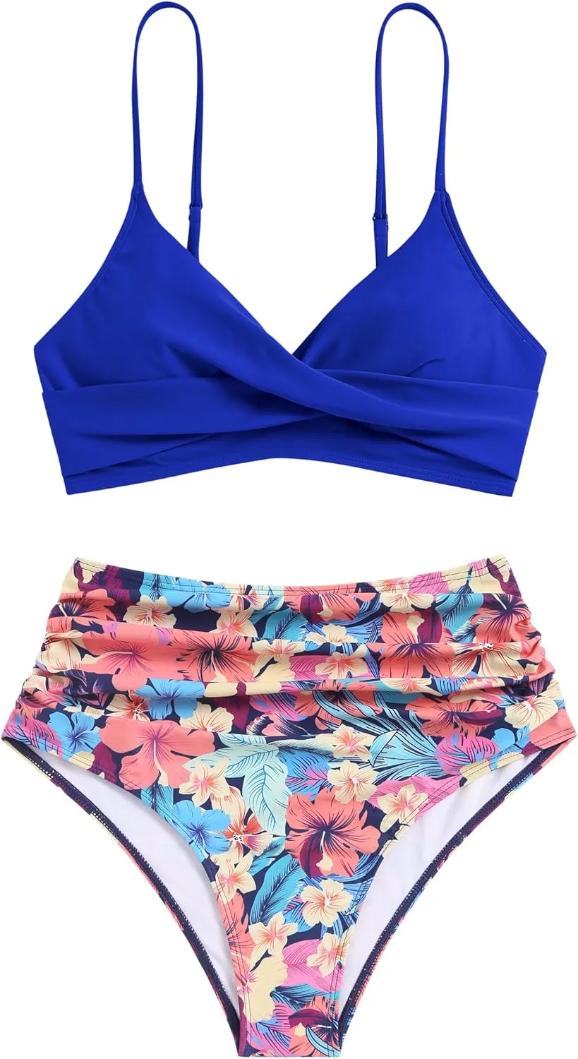 ZAFUL Women High Waisted Bikini Sets Two Piece Swimsuit Push Up Twist Front Ruched Bathing Suit