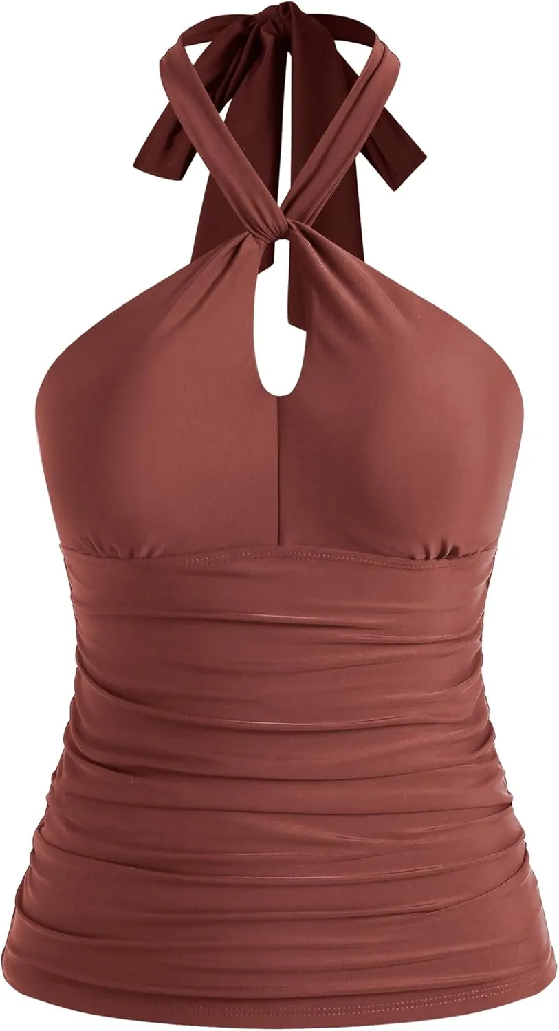 ZAFUL Women's Tankini Swimsuits Cut Out Crisscross Tankini Top with High Waisted Bottom Tummy Control Bathing Suit