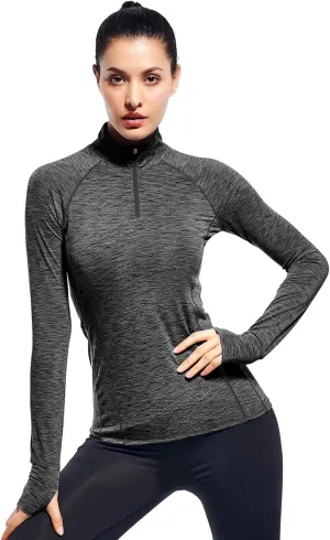 Zengjo Womens Quarter Zip Long Sleeve Workout Tops 1/4 Zip Running Pullover