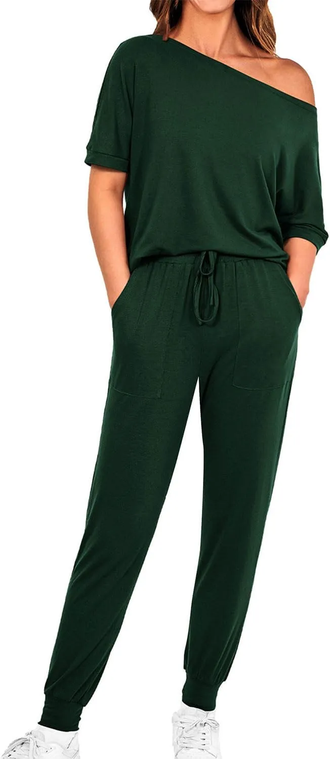 Zenlonr Women Summer 2 Piece Outfits 2025 Off Shoulder Short Sleeve Tops Elastic Waist Drawstring Long Pants Tracksuit